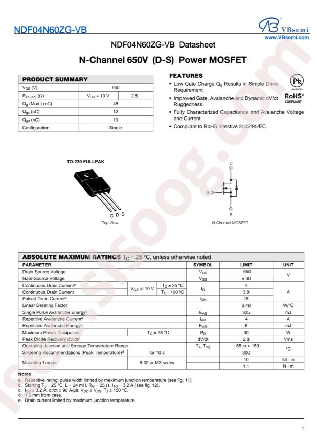 VBsemi Elec NDF04N60ZG-VB