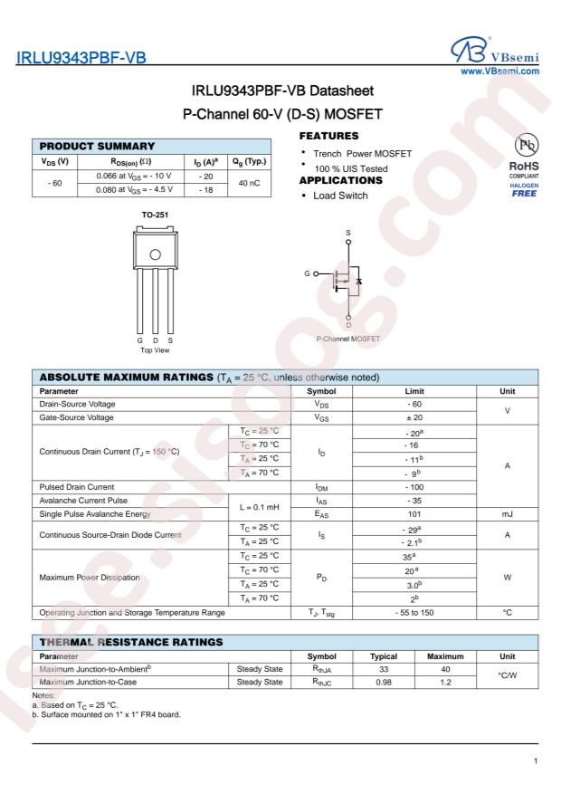 VBsemi Elec IRLU9343PBF-VB