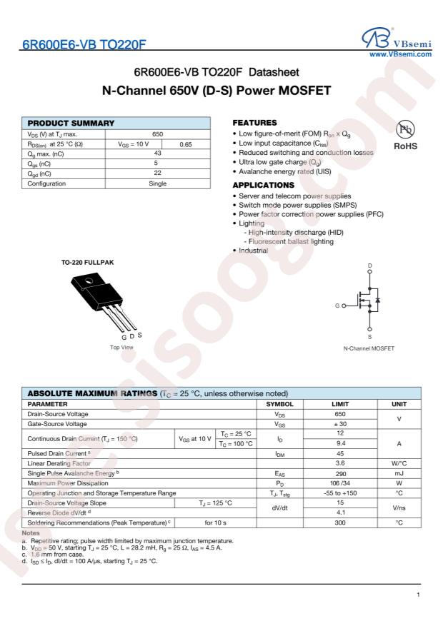 VBsemi Elec 6R600E6 TO220F-VB