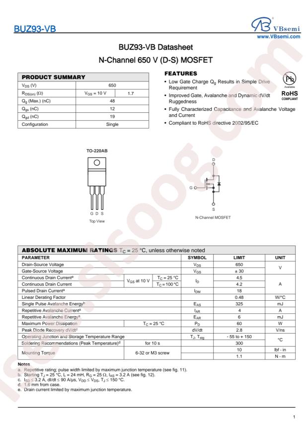 VBsemi Elec BUZ93-VB