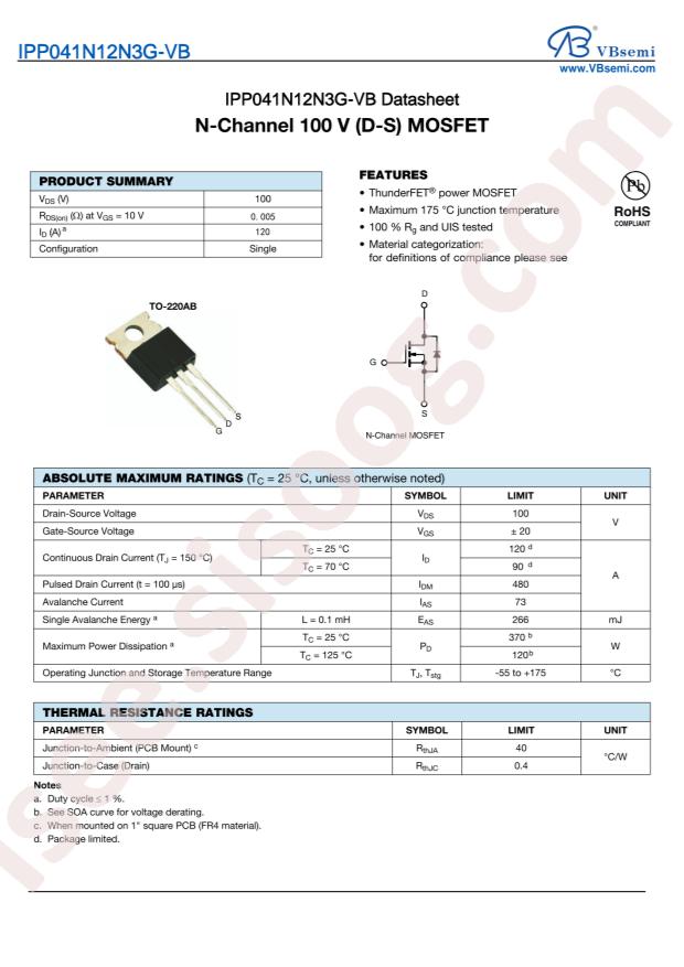 VBsemi Elec IPP041N12N3G-VB