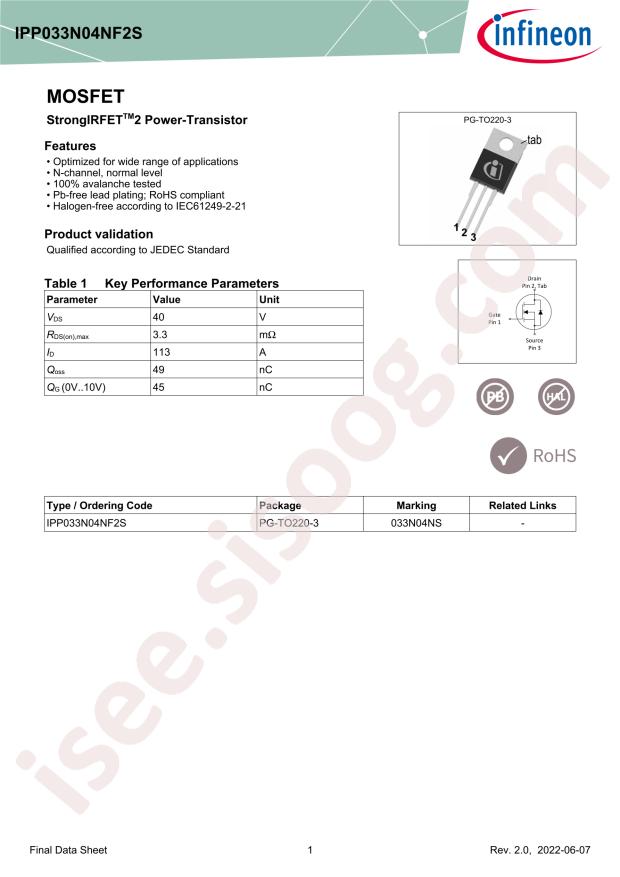 Infineon IPP033N04NF2S
