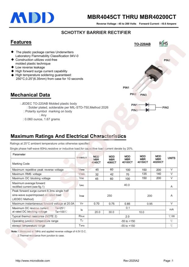 MDD(Microdiode Semiconductor) MBR40200CT
