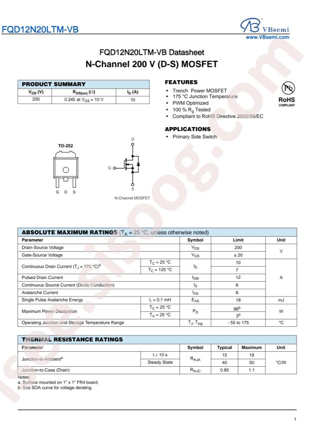 VBsemi Elec FQD12N20LTM-VB