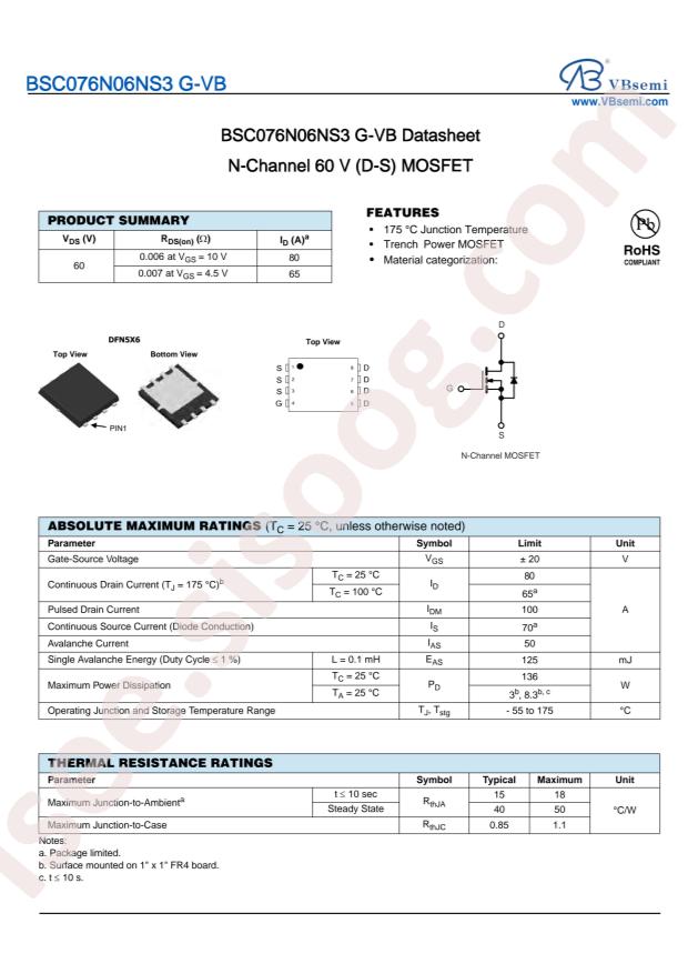 VBsemi Elec BSC076N06NS3 G-VB