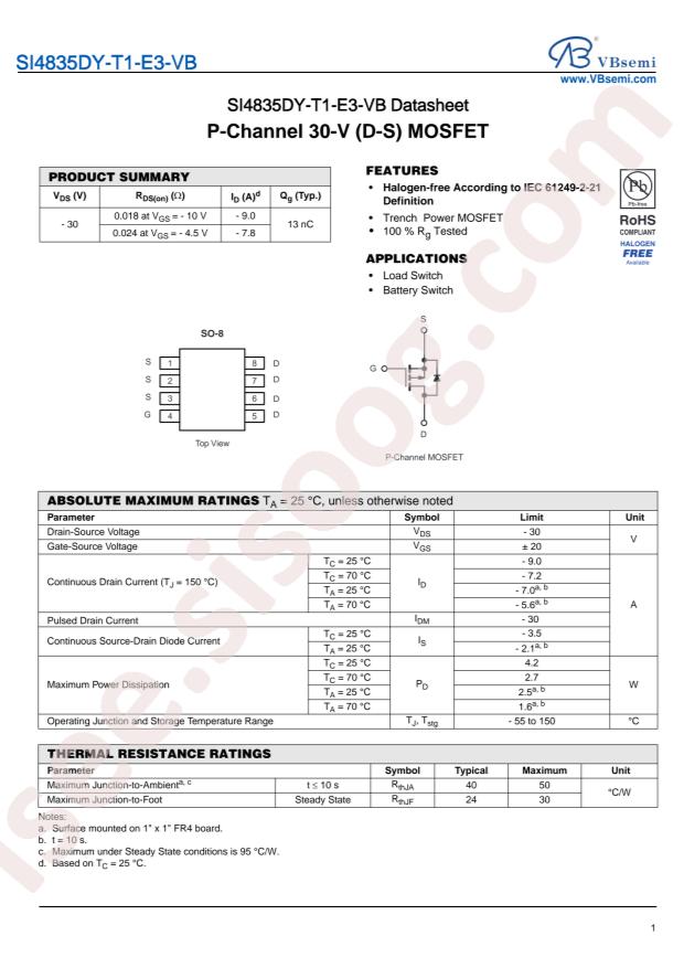 VBsemi Elec SI4835DY-T1-E3-VB