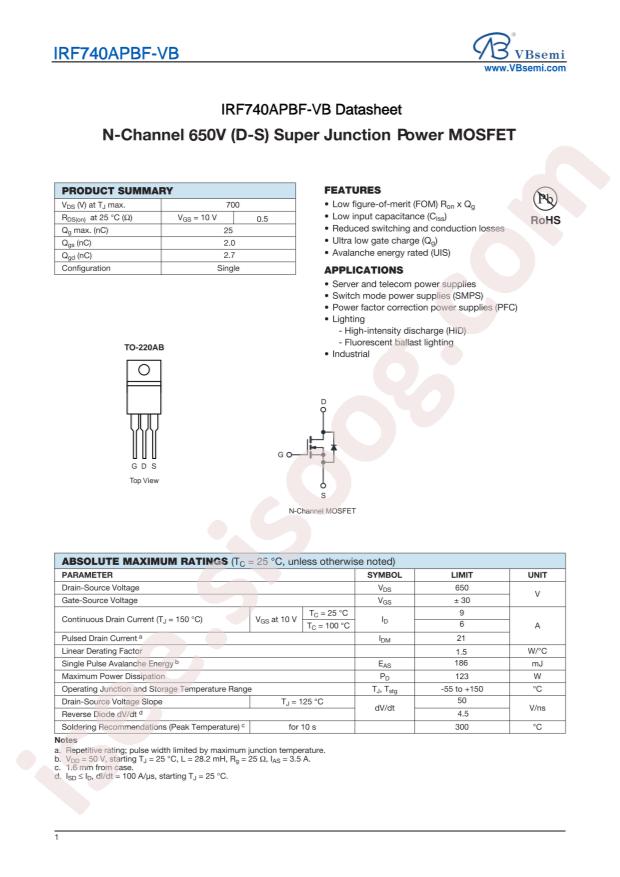 VBsemi Elec IRF740APBF-VB