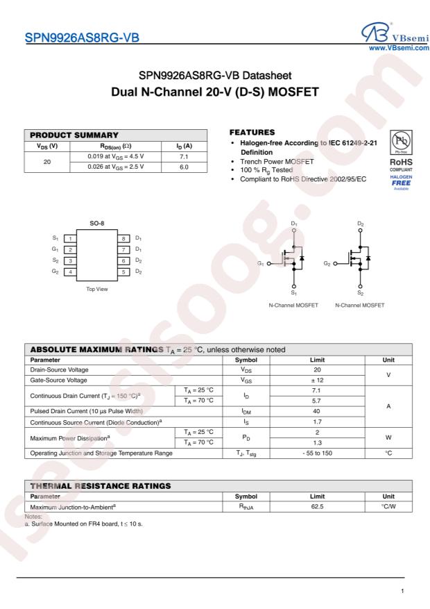 VBsemi Elec SPN9926AS8RG-VB