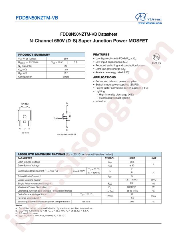 VBsemi Elec FDD8N50NZTM-VB