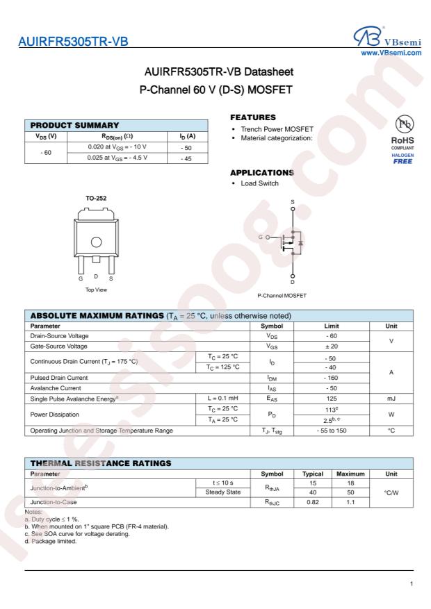 VBsemi Elec AUIRFR5305TR-VB