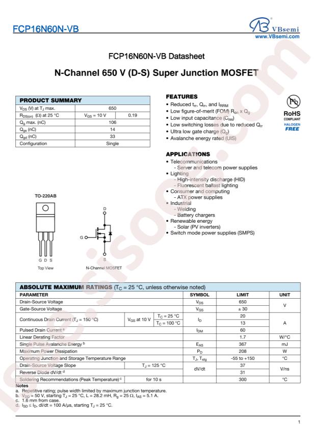 VBsemi Elec FCP16N60N-VB