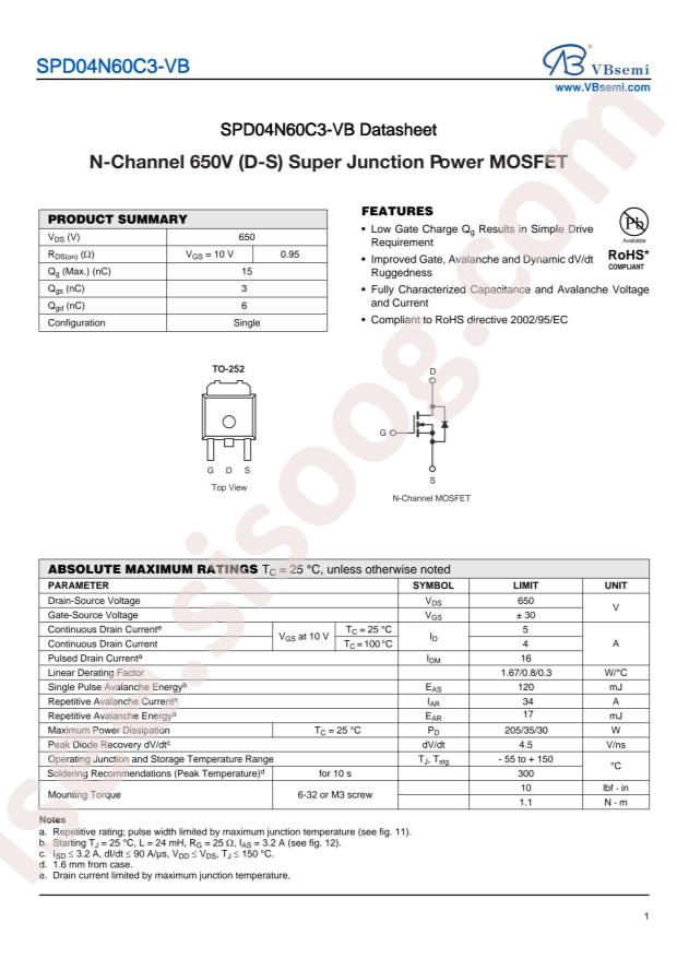 VBsemi Elec SPD04N60C3-VB