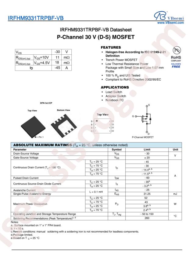 VBsemi Elec IRFHM9331TRPBF-VB