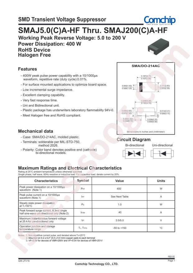 Comchip SMAJ43CA-HF