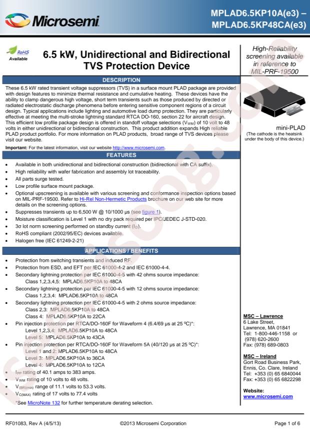 MICROCHIP MPLAD6.5KP43AE3