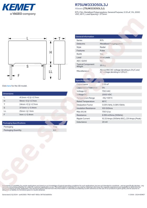 KEMET R75UW333050L3J