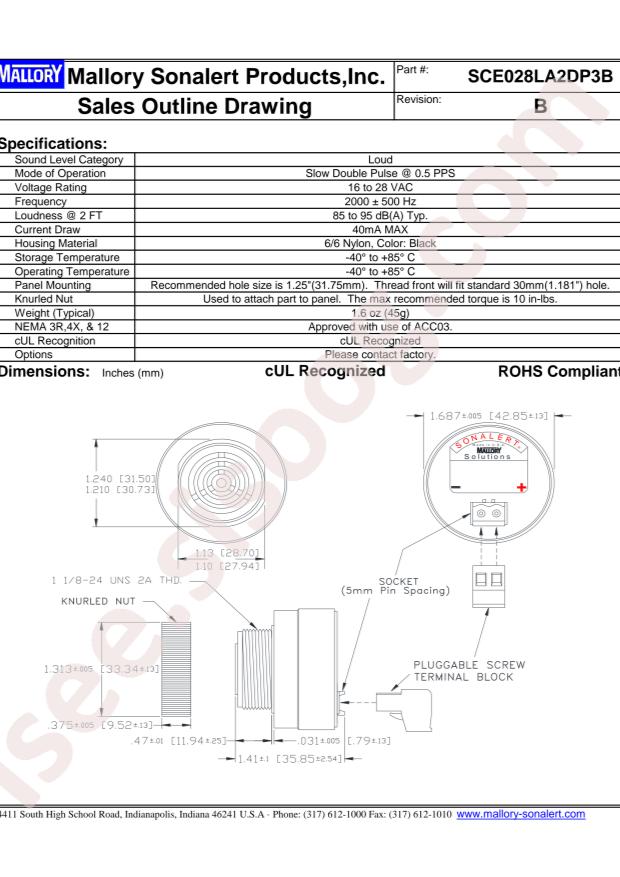 Mallory Sonalert Products Inc SCE028LA2DP3B