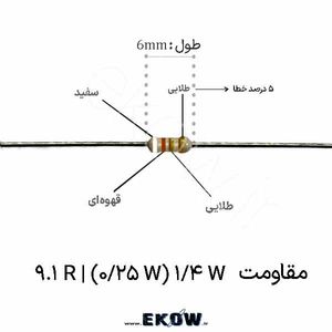 مقاومت 1/4 وات 9.1 اهم ( 1/4W 9.1 R) پک 50 عددی