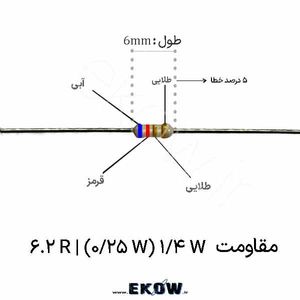 مقاومت 1/4 وات 6.2 اهم ( 1/4W 6.2 R) پک 50 عددی