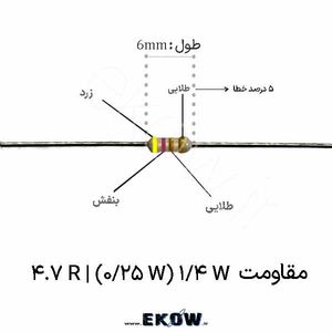 مقاومت 1/4 وات 4.7 اهم ( 1/4W 4.7 R) پک 50 عددی