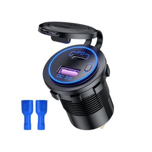 شارژر روپنلی خودرویی با خروجی فست شارژ USB و Type-C و کلید روشن/خاموش (آبی)