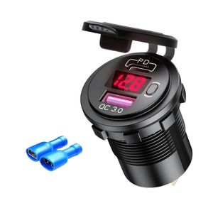 شارژر روپنلی خودرویی با خروجی فست شارژ USB و Type-C با نمایشگر ولتاژ و کلید روشن/خاموش (قرمز)