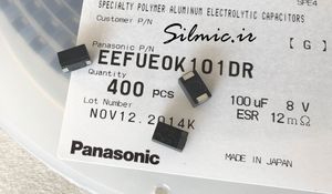 خازن پلیمر جامد 100 میکرو فاراد 8 ولت Panasonic سری UE از نوع SP-CAP