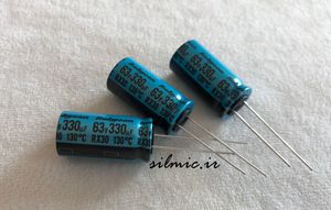 خازن 330 میکرو فاراد 63 ولت ژاپنی Rubycon سری RX30 با رنج دمایی 130 درجه