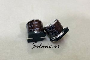 خازن 100 میکرو فاراد 35 ولت SMD ساخت ELNA ژاپن سری RVJ با طول عمر بالا
