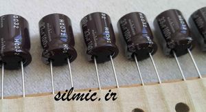 خازن الکترولیتی 33 میکرو فاراد 100 ولت nichicon ژاپن سری PF با امپدانس پایین