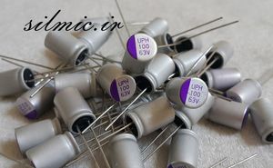 خازن جامد 100 میکرو فاراد 63 ولت UNICON ژاپن UPH با دمای کاری 125 درجه