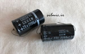 خازن اکسیال 2200 میکرو فاراد 25 ولت الکترولیتی ساخت Nippon ژاپن سری SL