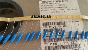 خازن 10 نانو فاراد 63 ولت اکسیال با تلورانس 2% ساخت philips بلژیک بسیار دقیق