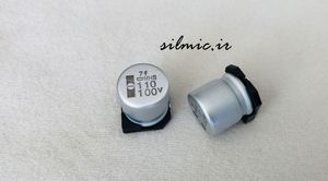 خازن 110 میکرو فاراد 100 ولت SMD ساخت nippon ژاپن سری MHS دمای 125 درجه