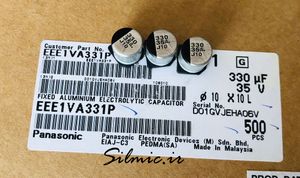 خازن 330 میکرو فاراد 35 ولت Panasonic نوع smd سری S مقاوم در لرزش تا 30G
