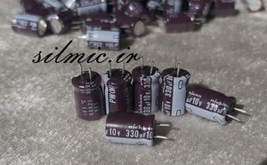 خازن 330 میکرو فاراد 10 ولت نیچیکون ژاپن سری PW با استاندارد بالا و لانگ لایف