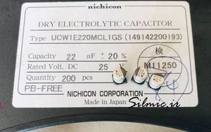 خازن 22 میکرو فاراد 25 ولت nichicon نوع smd سری ucw طول عمر بالا low esr