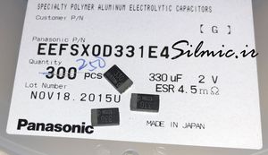 خازن پلیمر جامد 330 میکرو فاراد 2 ولت Panasonic سری SX از نوع SP-CAP