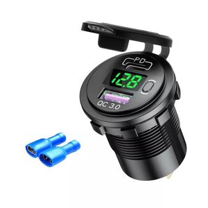 شارژر USB خودرویی روپنلی گرد سبز USB QC3.0 + Type-C با خروجی فست شارژ | نمایشگر ولتاژ و کلید ON/OFF